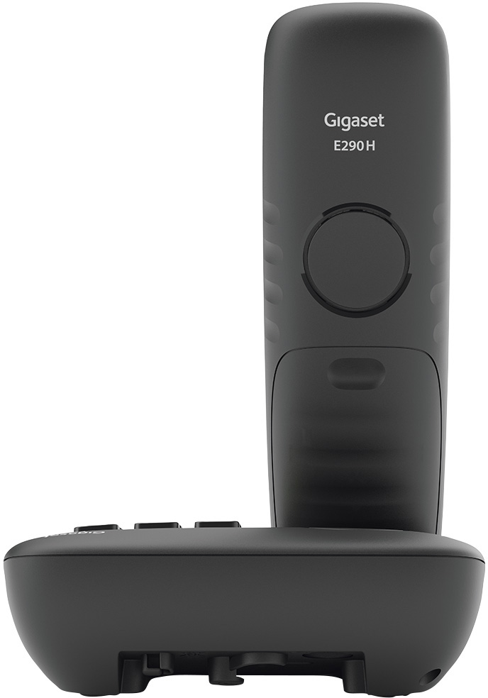 Fekete Gigaset vezeték nélküli telefon. A bázis és a kézibeszélő látható, a márkanév a kézibeszélőn.