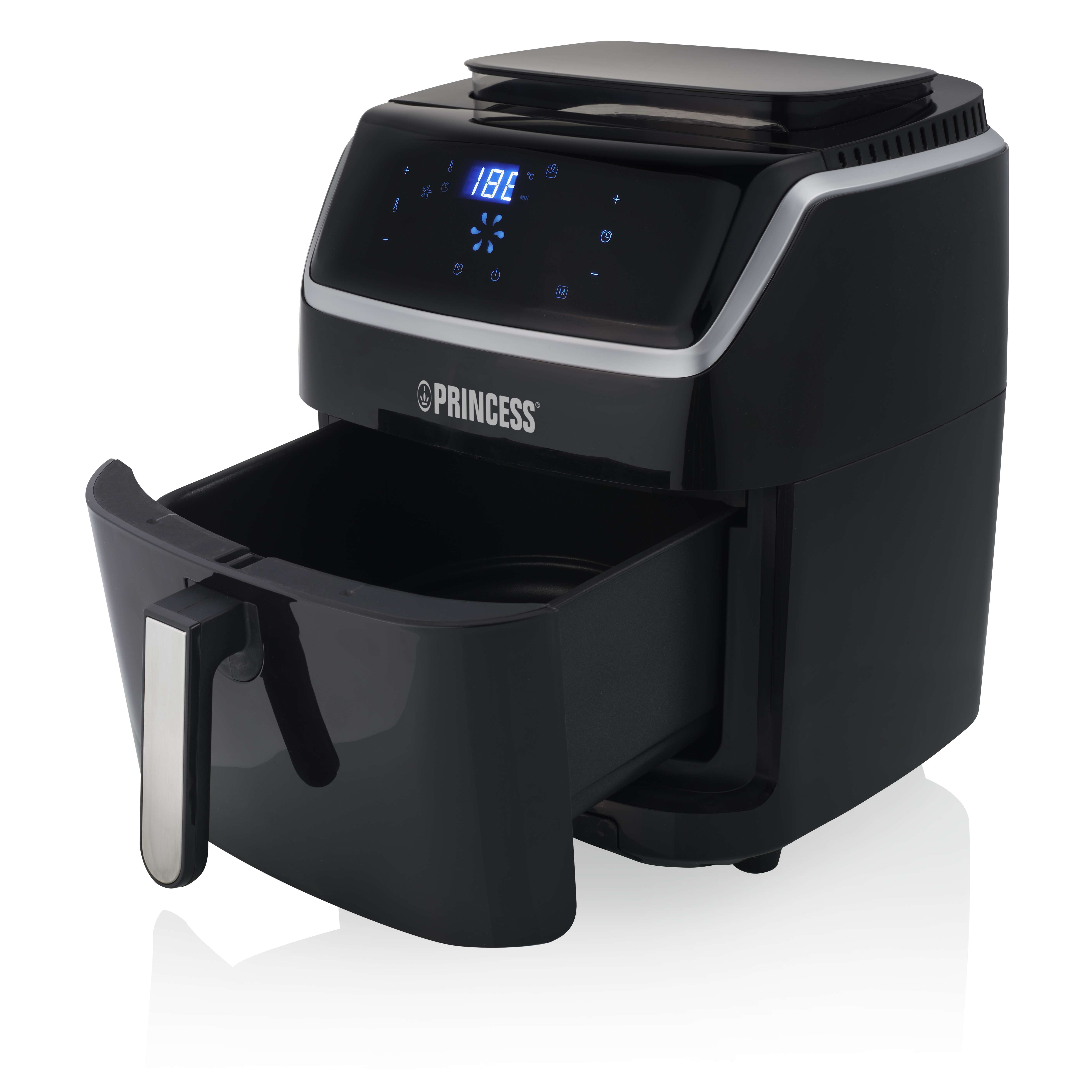 Eine schwarze Heißluftfritteuse mit geöffneter Schublade und digitaler Anzeige, isoliert auf weißem Hintergrund.