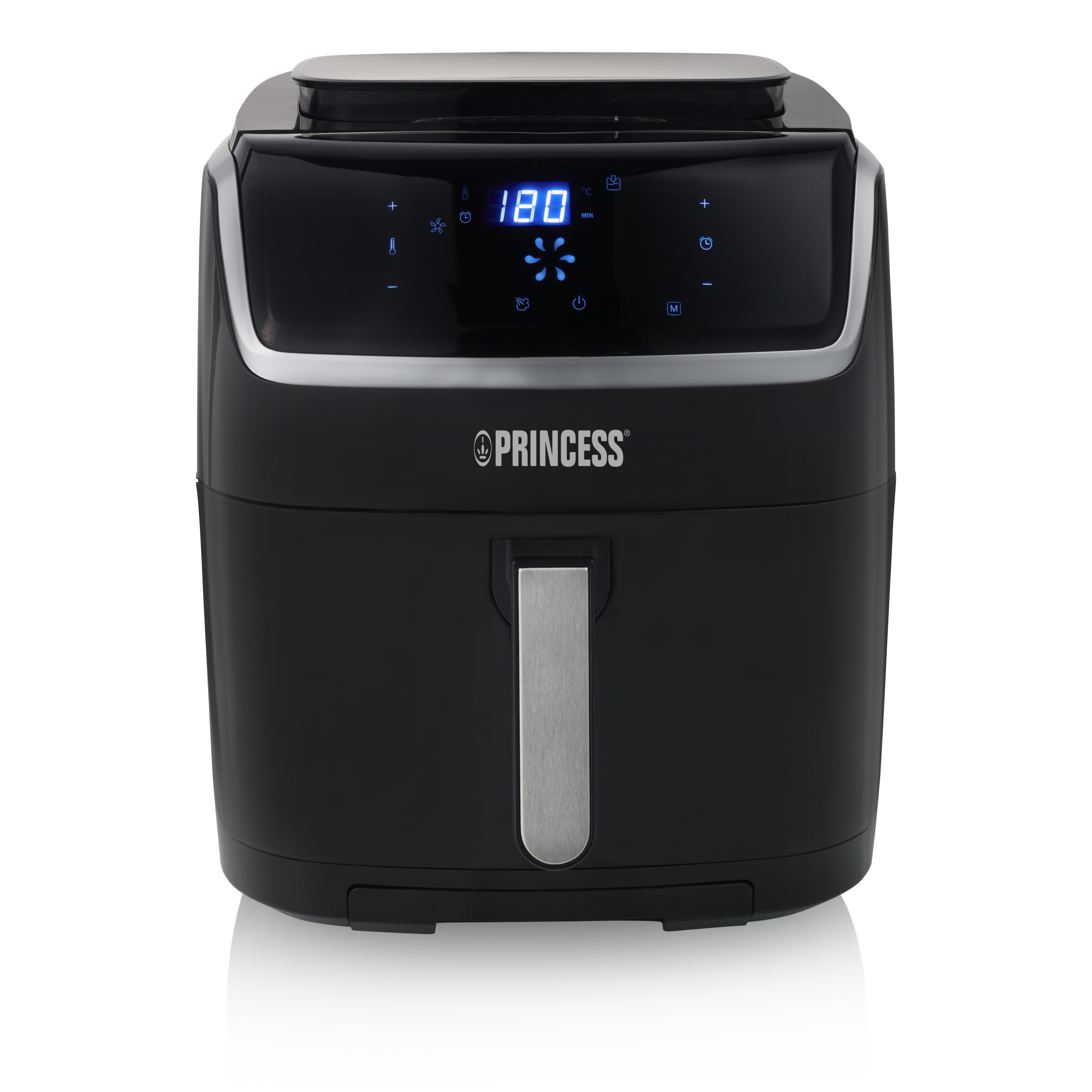 Schwarze Princess-Heißluftfritteuse mit Digitalanzeige von 180 Grad.