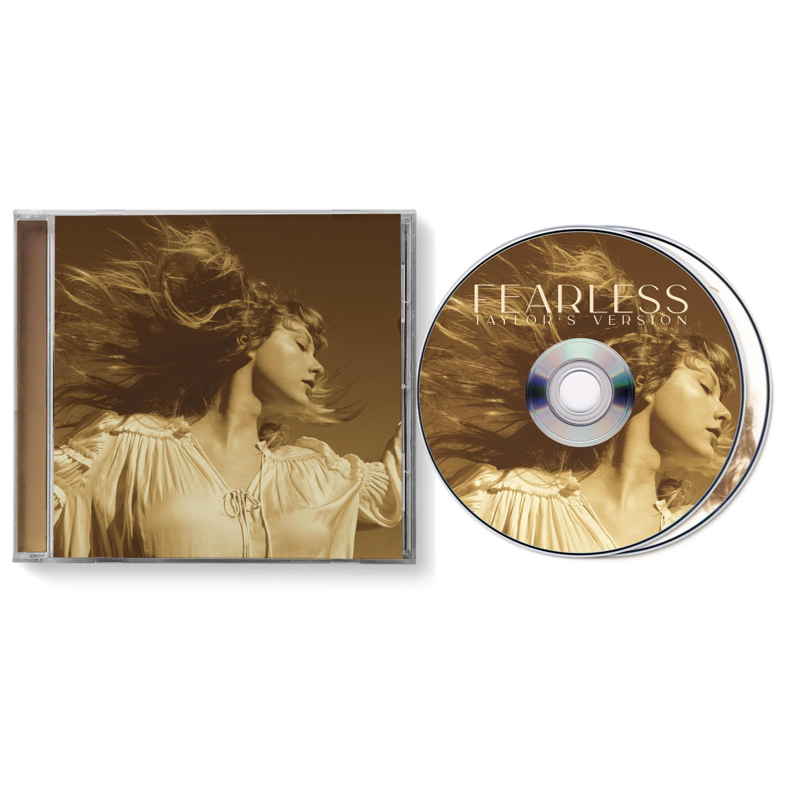 CD-Hülle und -Disc von Taylor Swifts Album 'Fearless', Goldtöne, Gesicht einer Frau.