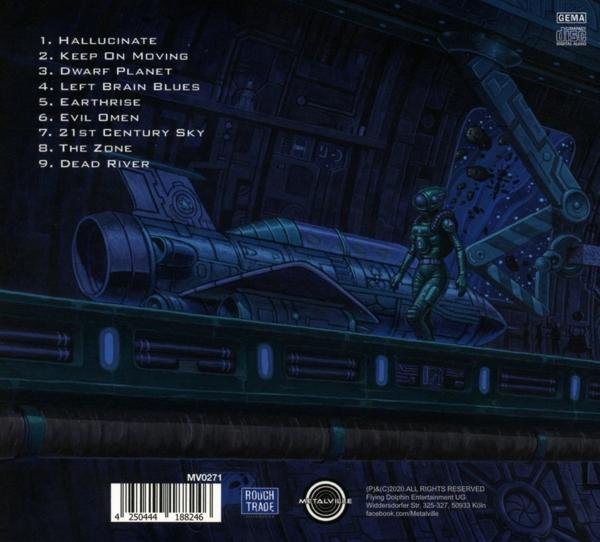 Rückseite der CD-Hülle: Songtitel, Raumschiffgrafik, Astronautenfigur in futuristischem Setting.