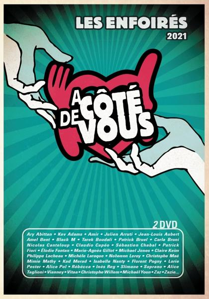 Affiche avec des mains tenant une forme de cœur, texte en français. Fond turquoise avec un look vintage.