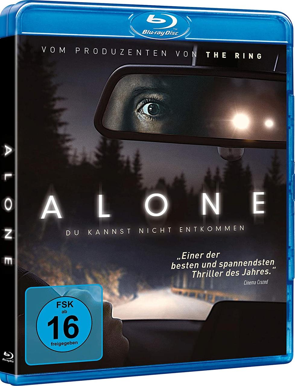 DVD-Cover für den Film 'Alone' mit einem Autospiegel und einem Auge darin.