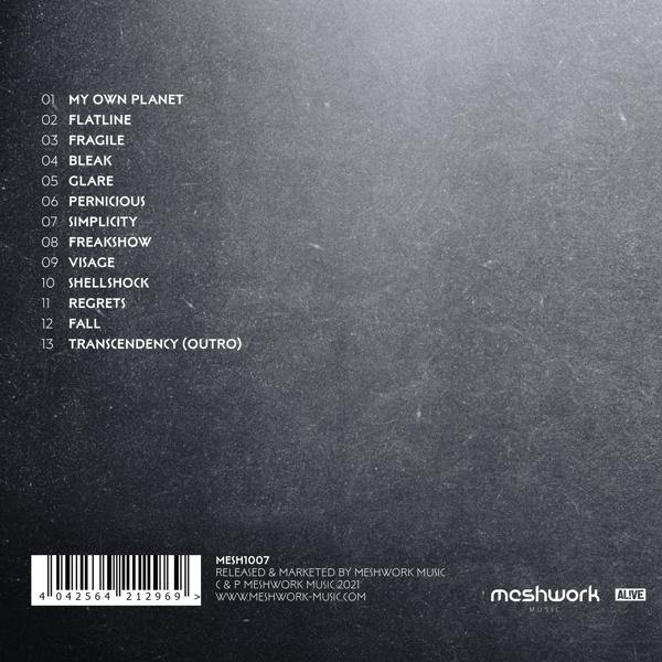 Titelliste des Albums auf dunkelgrauem Hintergrund. Der Text enthält Titelnummern und Titel wie 'My Own Planet', 'Flatline' und 'Fragile'.