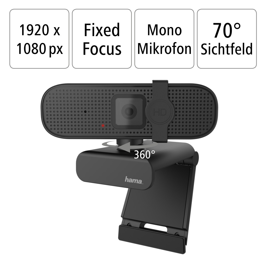 Hama HD Webcam mit 1920x1080 Auflösung, Fixfokus, Mikrofon und 70° Sichtfeld.