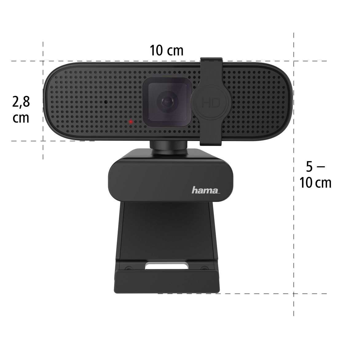 Schwarze Hama Webcam mit HD-Logo, roten Lämpchen und Maßangaben.