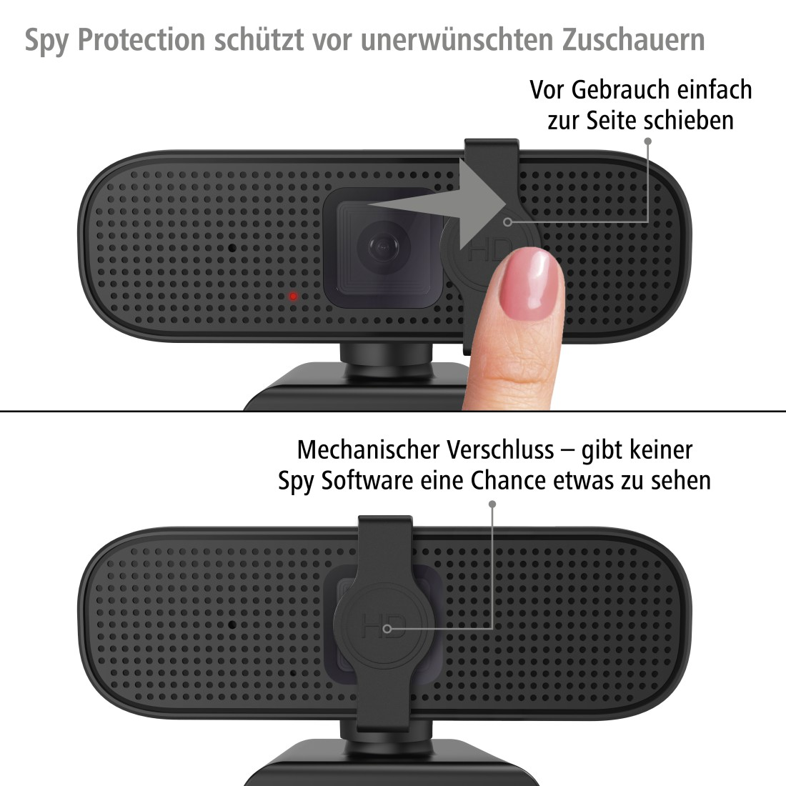 Oben: Webcam mit Schieber, der von einer Hand bedient wird. Unten: Webcam mit geschlossenem Schieber.