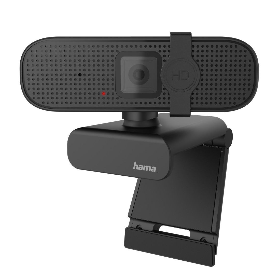 Eine schwarze Hama Webcam mit HD-Logo und roter Betriebsanzeige.
