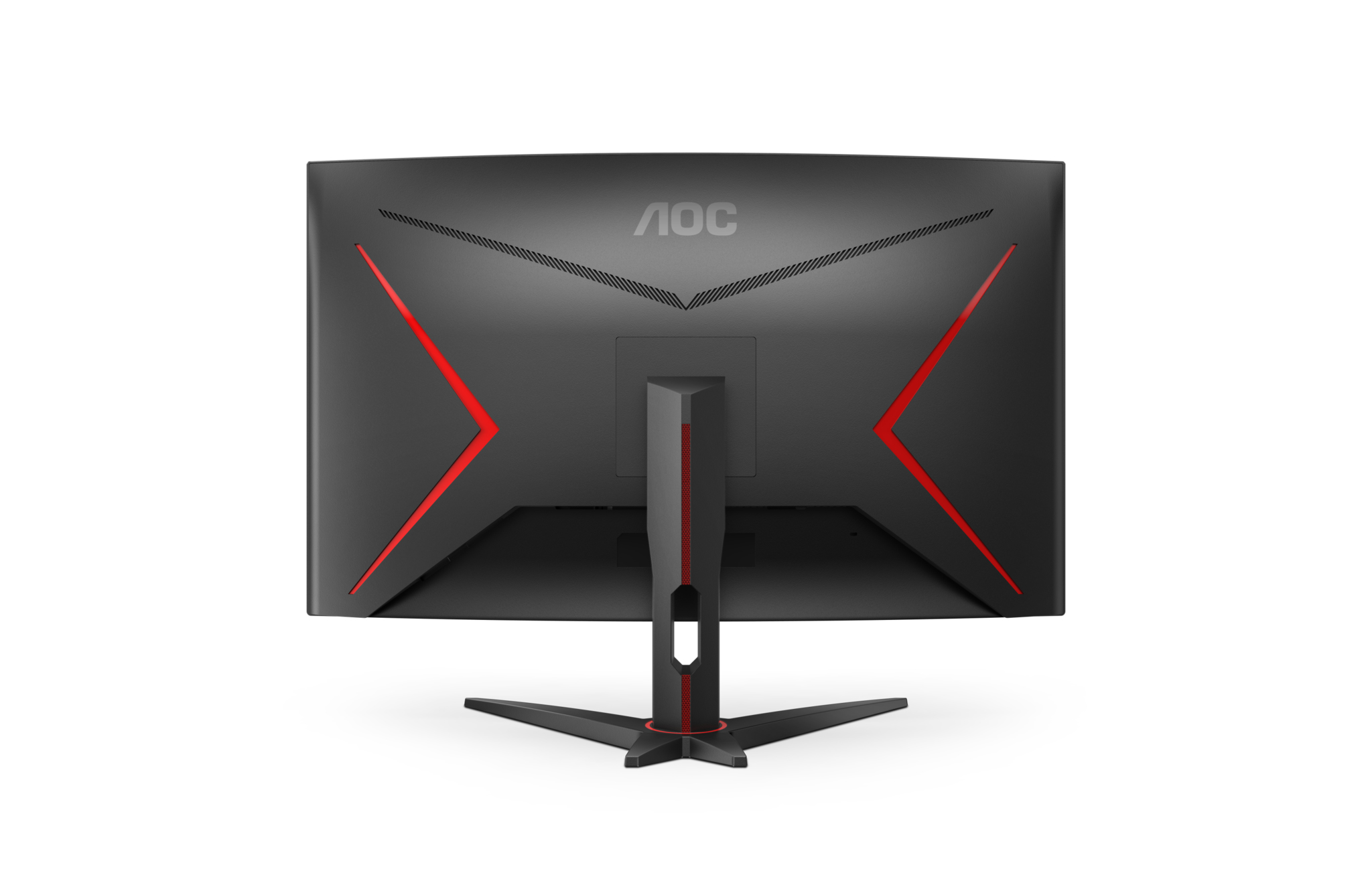 Die Rückseite eines schwarzen AOC-Monitors mit roten Akzenten. Er hat einen Ständer und das AOC-Logo oben.