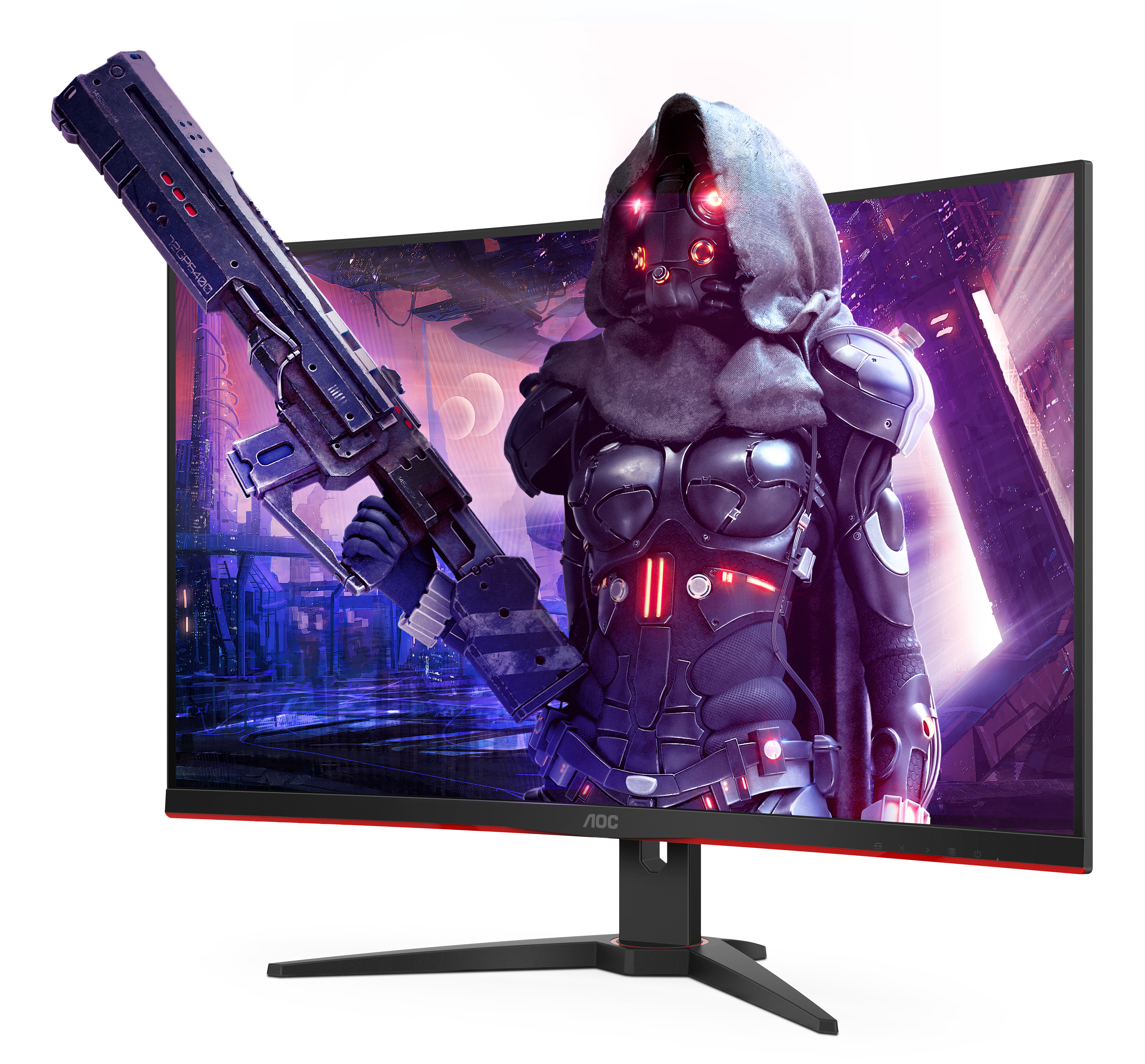 Gaming-Monitor mit futuristischem Soldaten, roten Akzenten und schwarzem Ständer.
