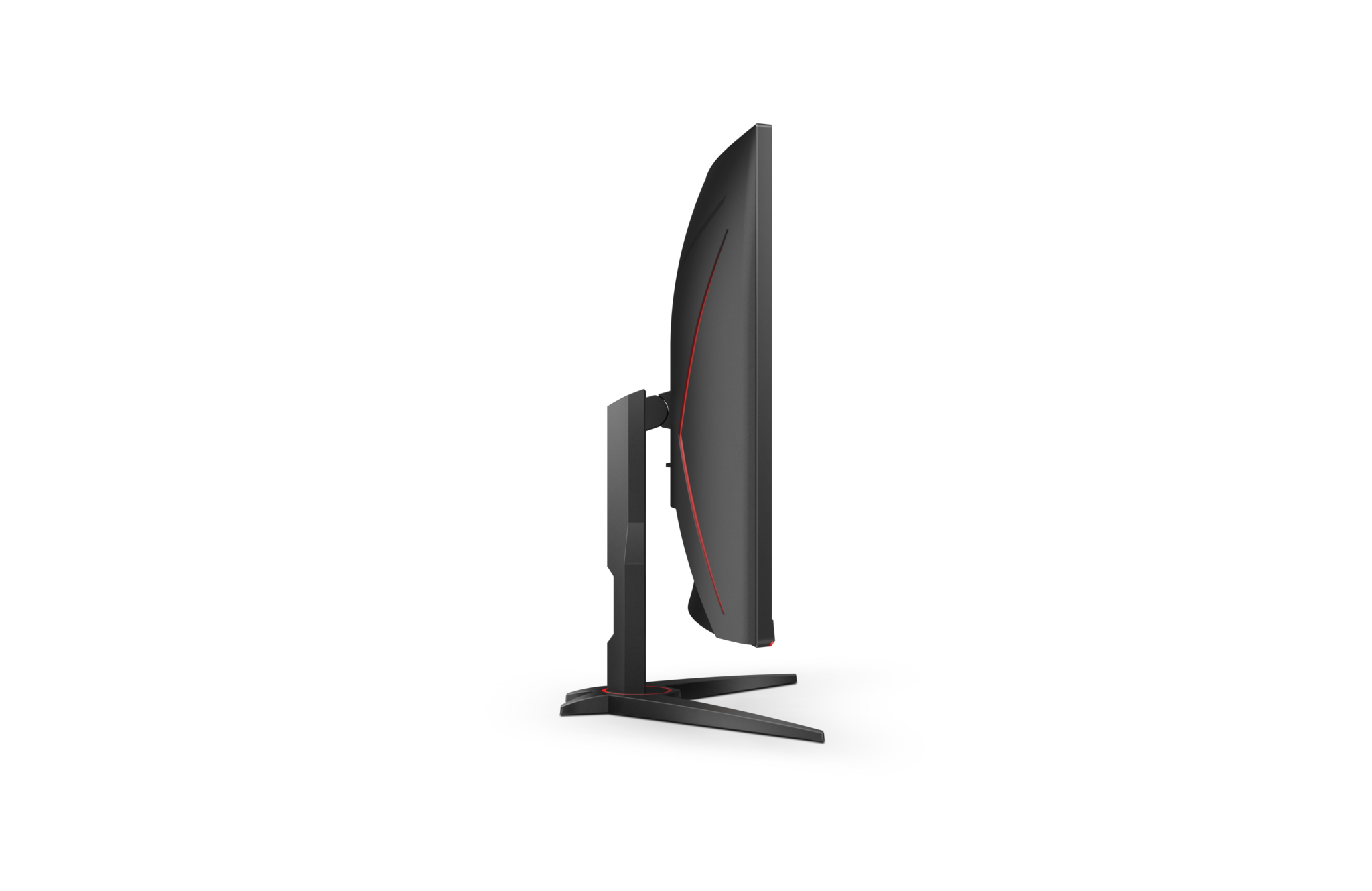 Seitenansicht eines schwarzen Monitors mit rotem Streifen und Ständer auf Weiß.