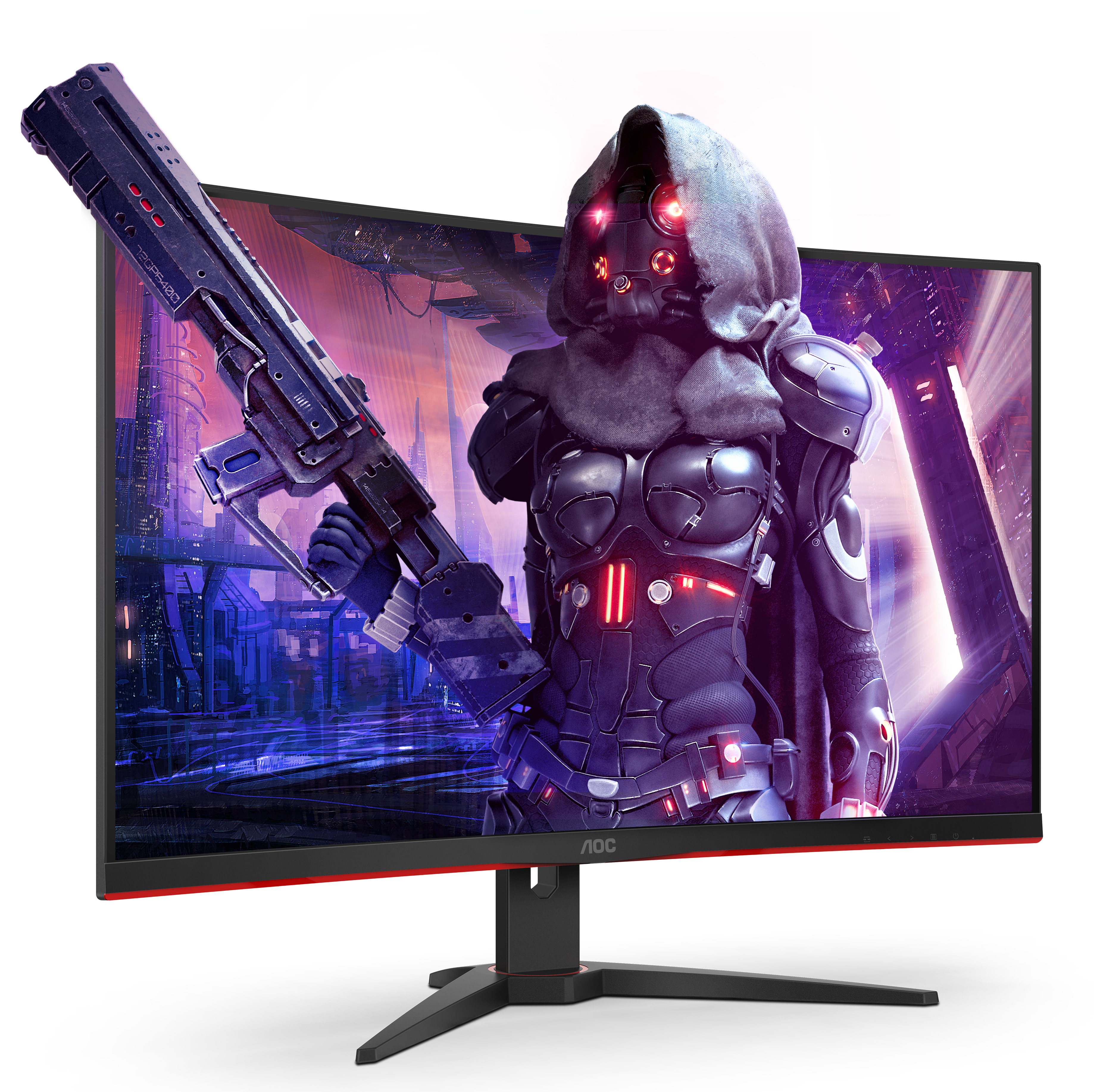 AOC-Monitor mit futuristischer Figur und großer Waffe, die aus dem Bildschirm tritt.