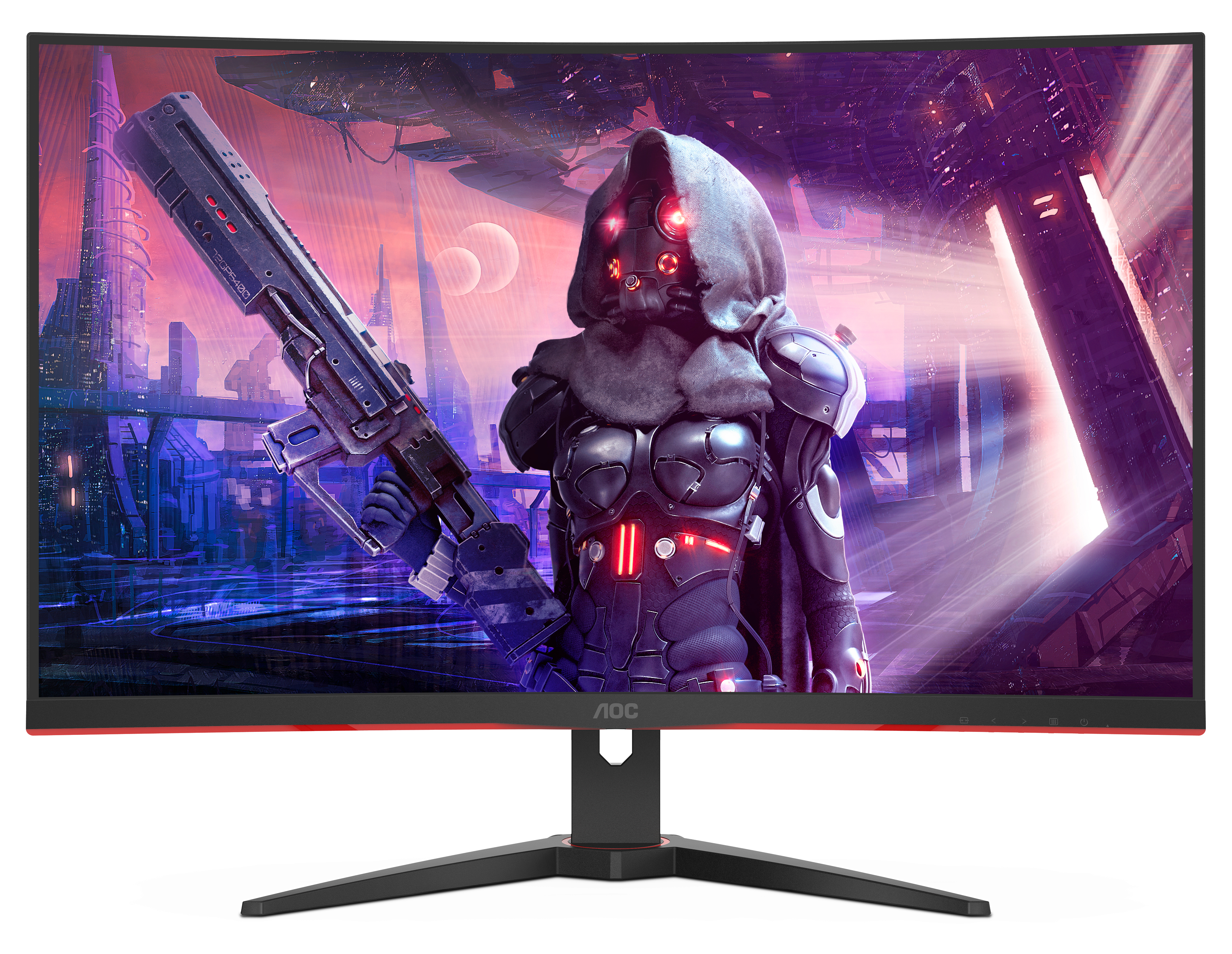 Ein gebogener Gaming-Monitor, der eine futuristische Szene mit einer Figur zeigt.