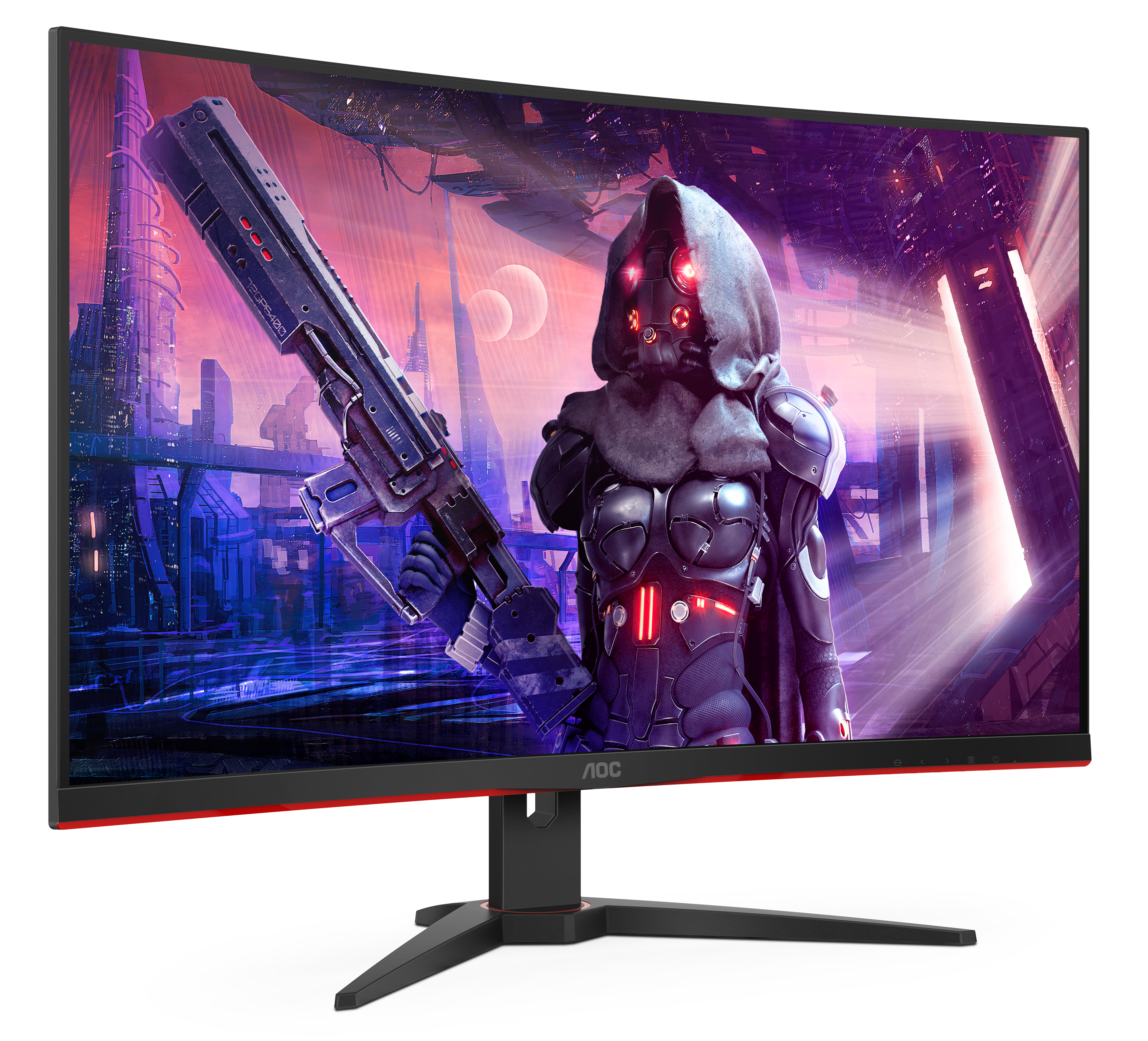 Monitor zeigt futuristische Szene mit Figur, die Gewehr hält.