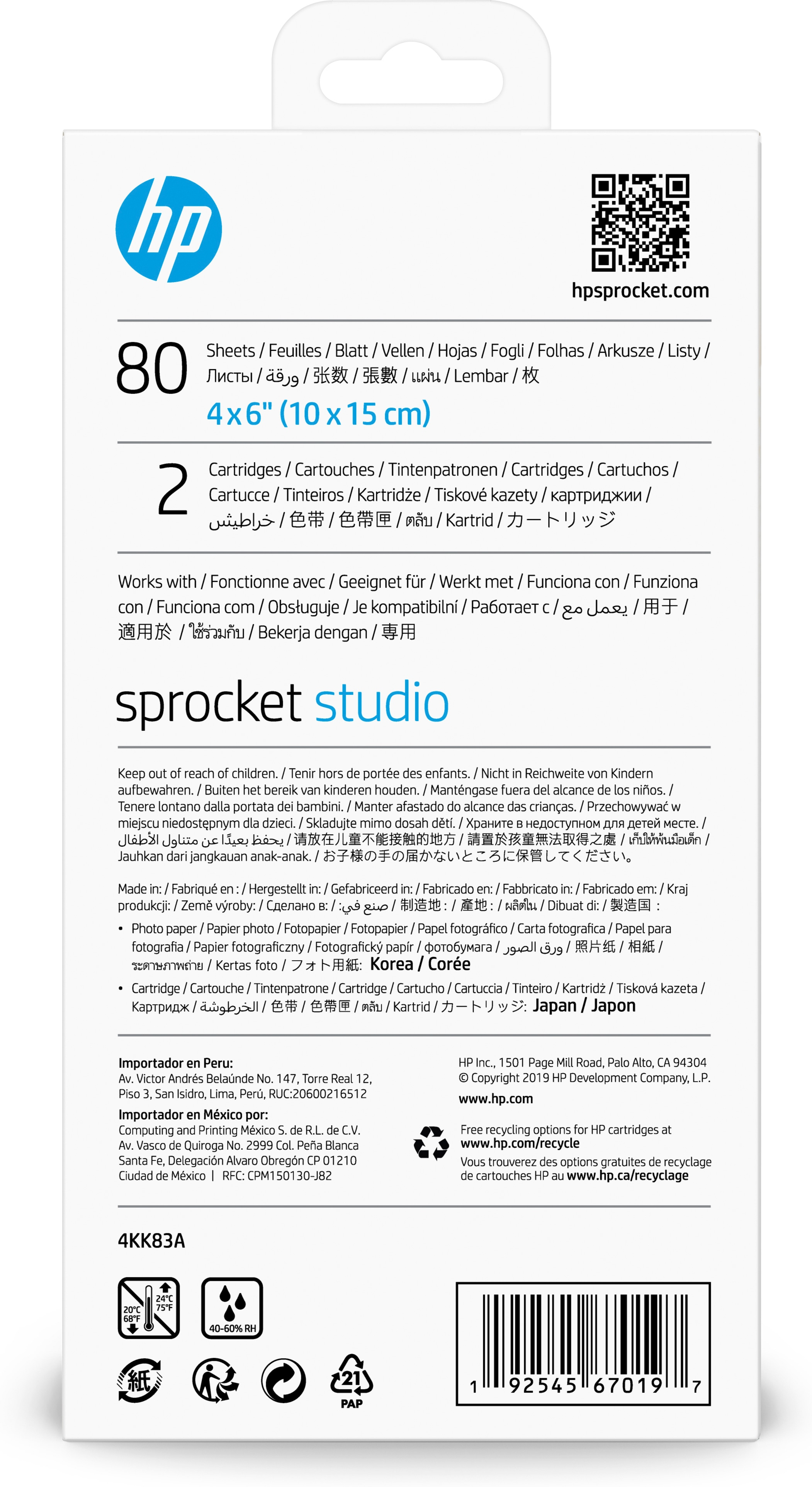 HP Sprocket Studio Fotopapierbox. Weißer Hintergrund. 80 Blatt, 4x6 Zoll.