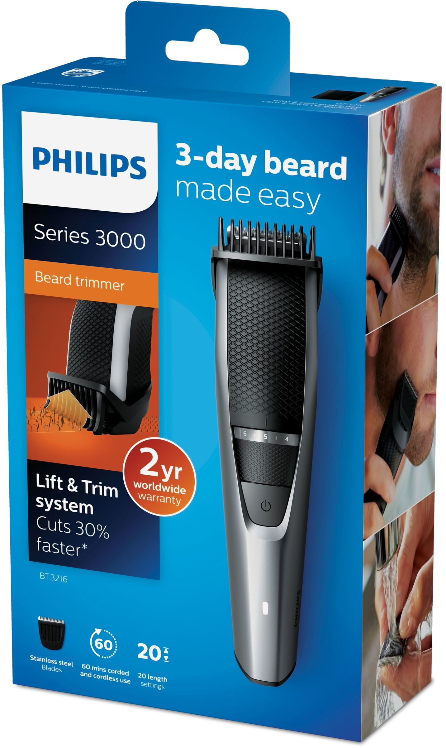 Caja del recortador de barba Philips 3 días. Muestra el recortador e ilustraciones de su uso y características.