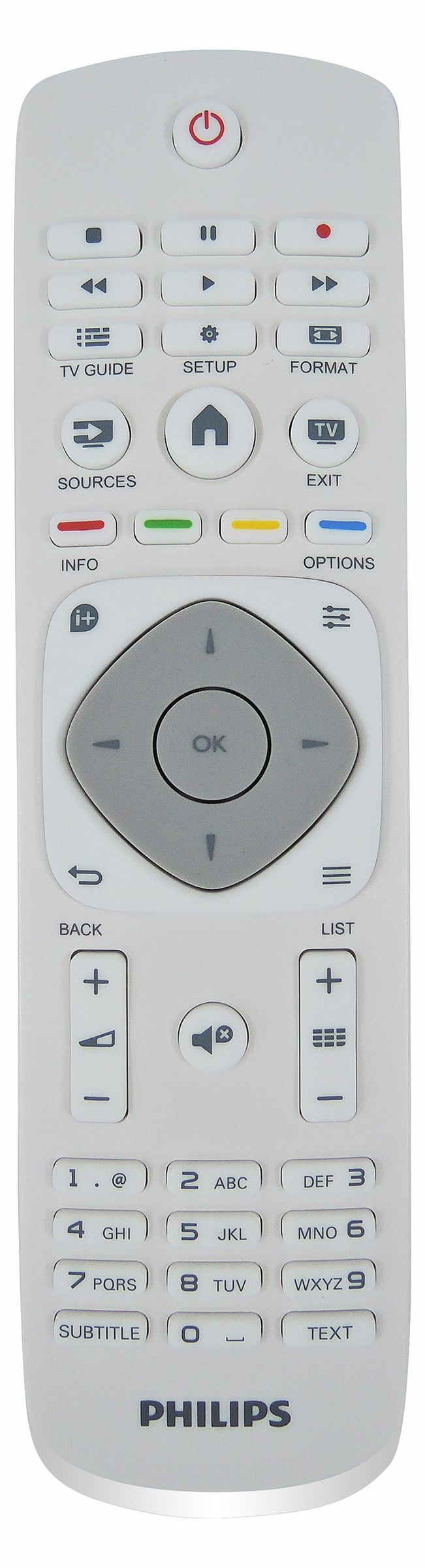 Un mando a distancia de TV blanco con varios botones y un logotipo de Philips.