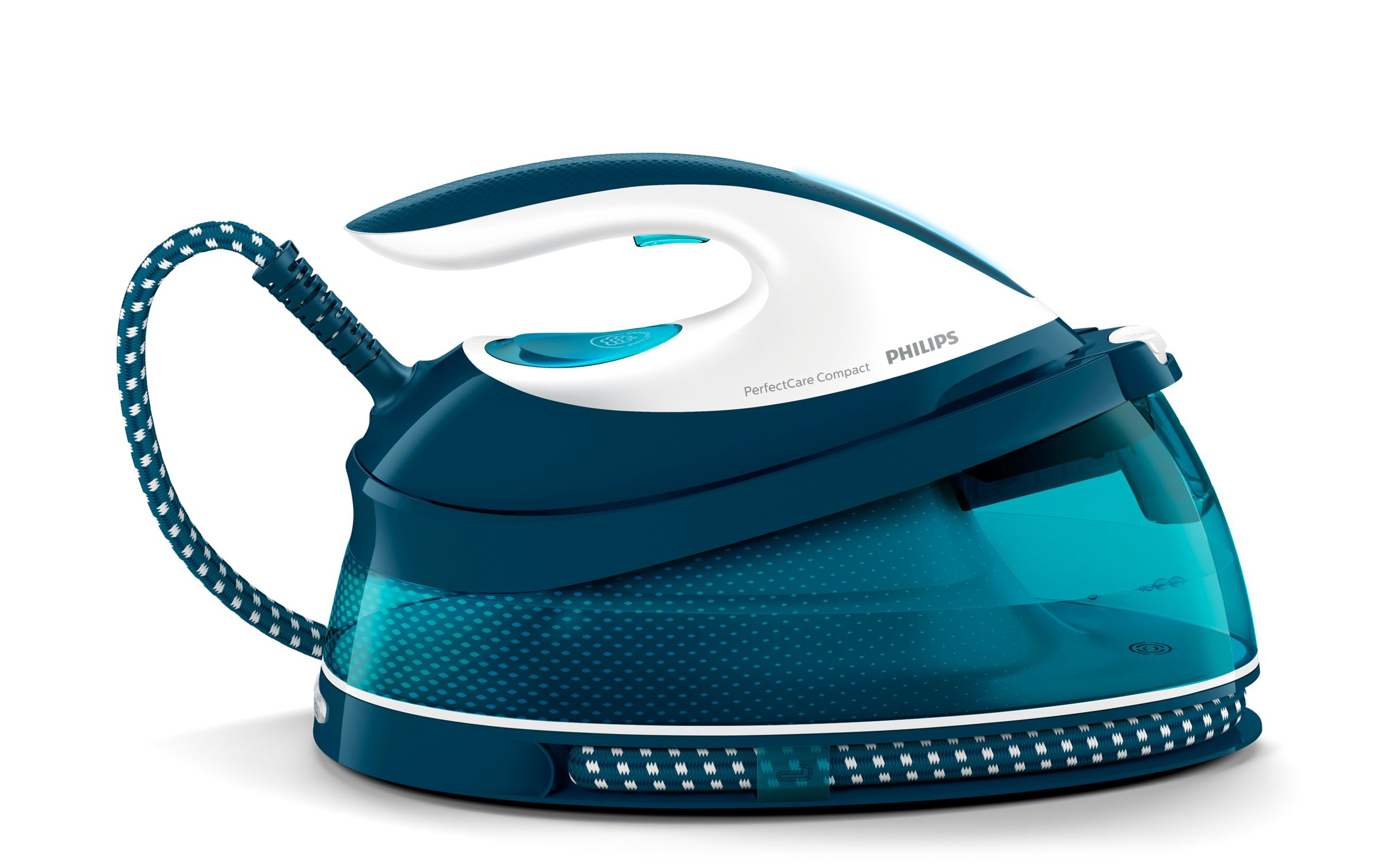 Plancha de vapor Philips PerfectCare turquesa y blanca sobre fondo blanco, toma en ángulo.