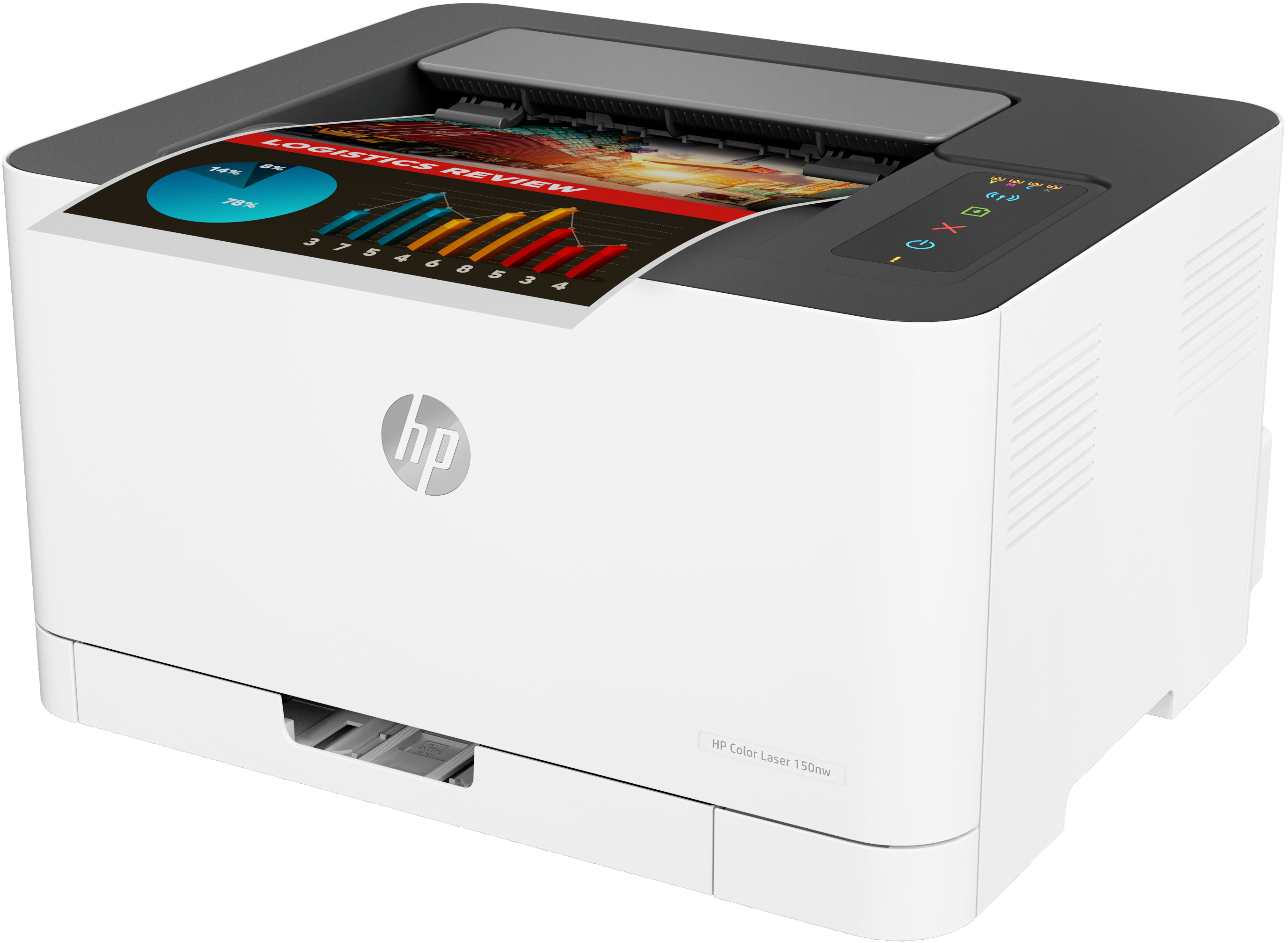 Impresora HP blanca y gris. Imprime un gráfico de color. Vista en ángulo.