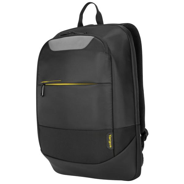 Mochila negra con un acento gris y amarillo; logotipo de Targus.