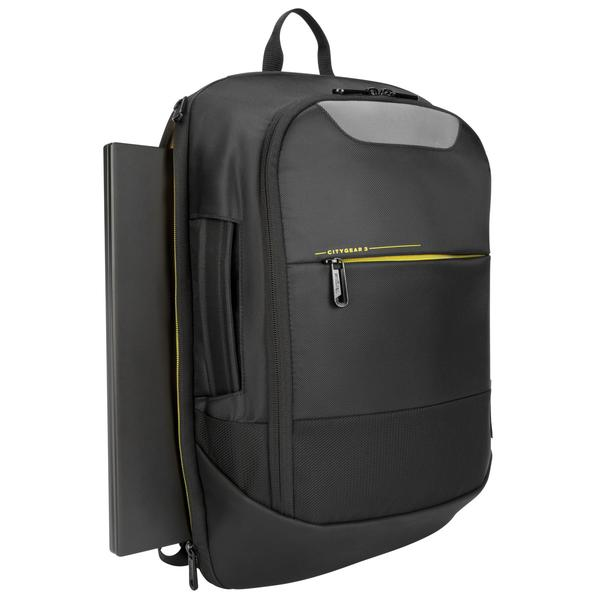 Mochila negra con portátil parcialmente insertado, acento amarillo y parte superior gris.