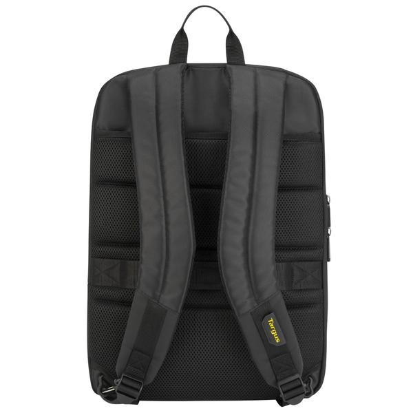 Mochila: Mochila Targus negra con correas acolchadas y respaldo de malla.