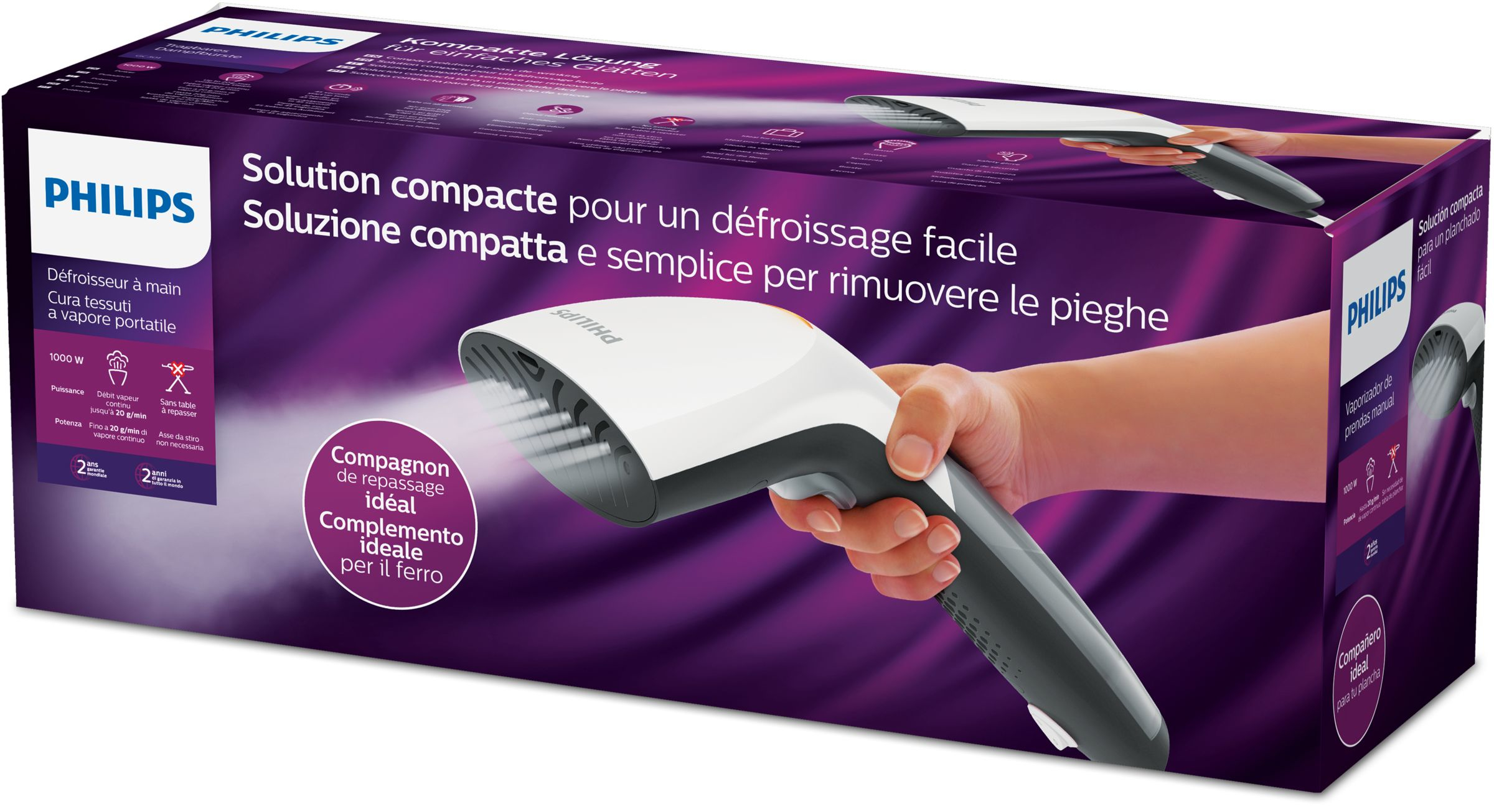 Una caja con un vaporizador Philips y accesorios, y texto.