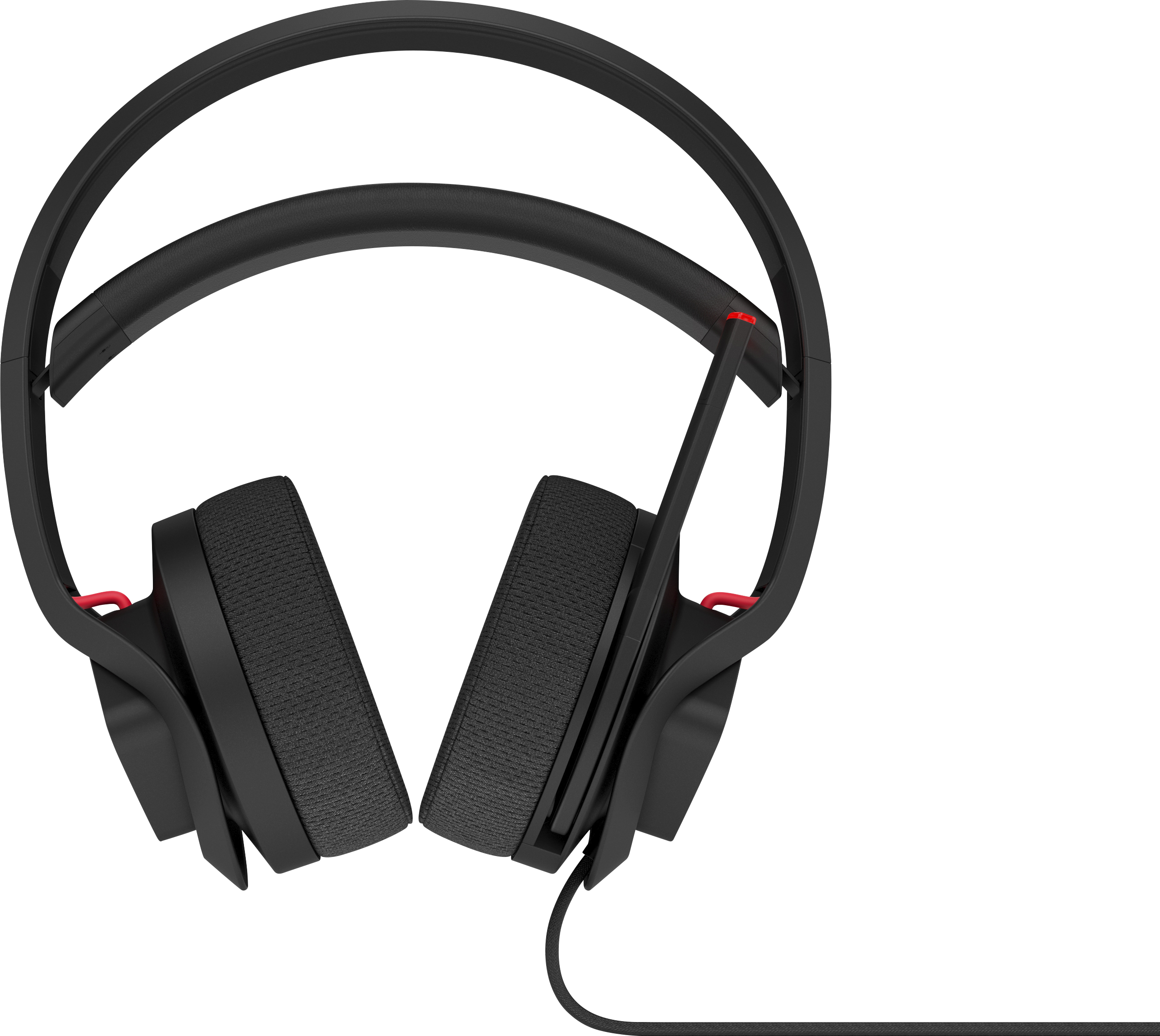 Un auricular para juegos negro con cable y detalles en rojo.