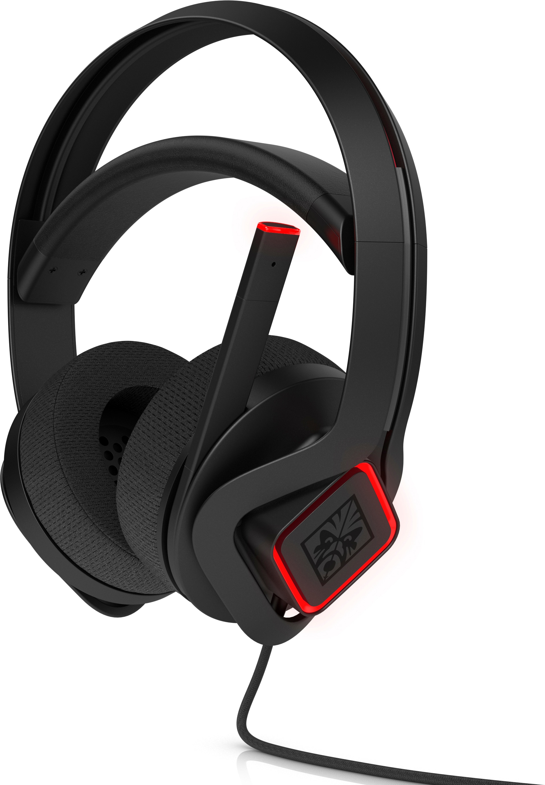 Un auricular para juegos negro y rojo sobre un fondo blanco.