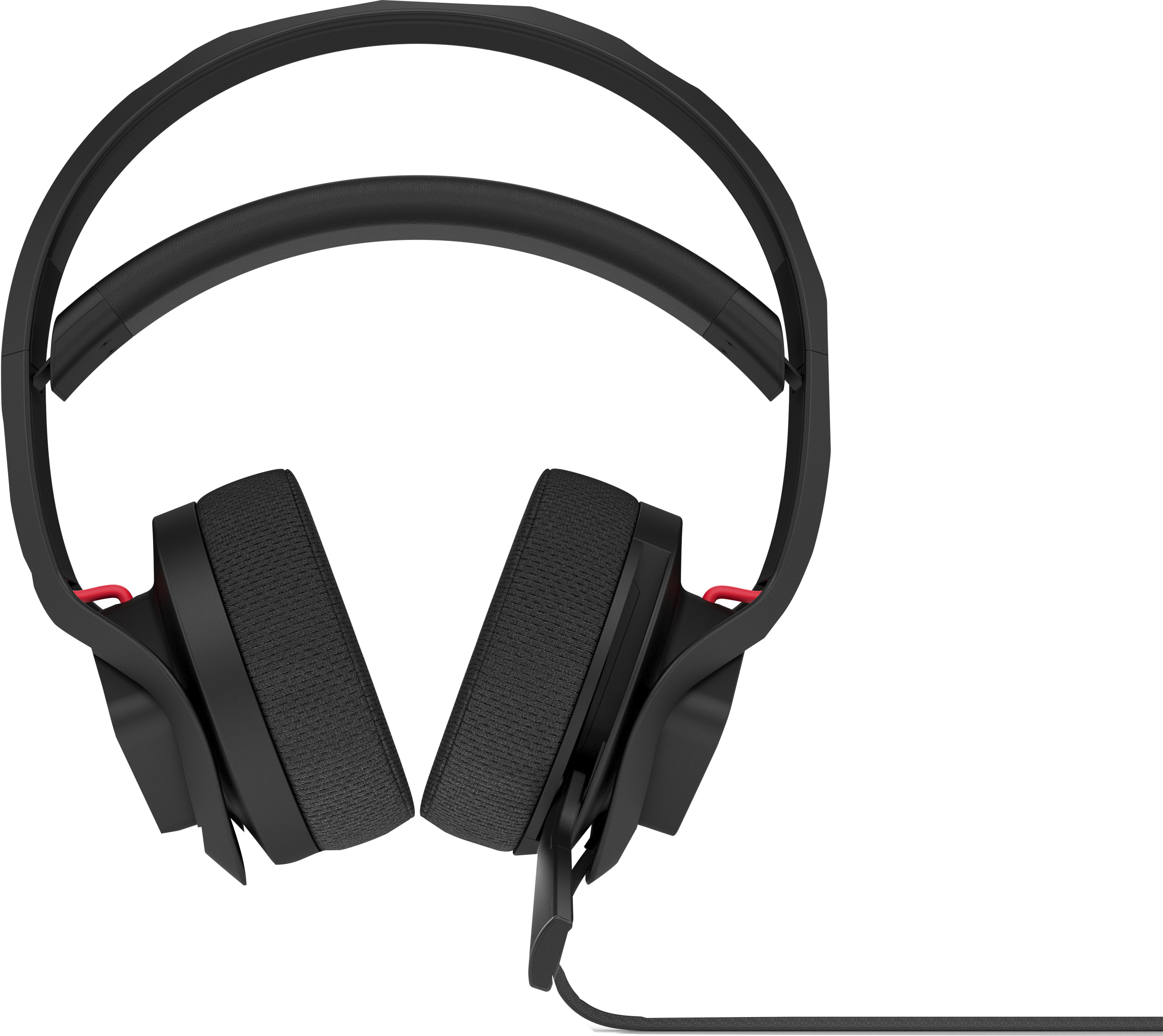 Un auricular para juegos negro con detalles rojos y un micro.