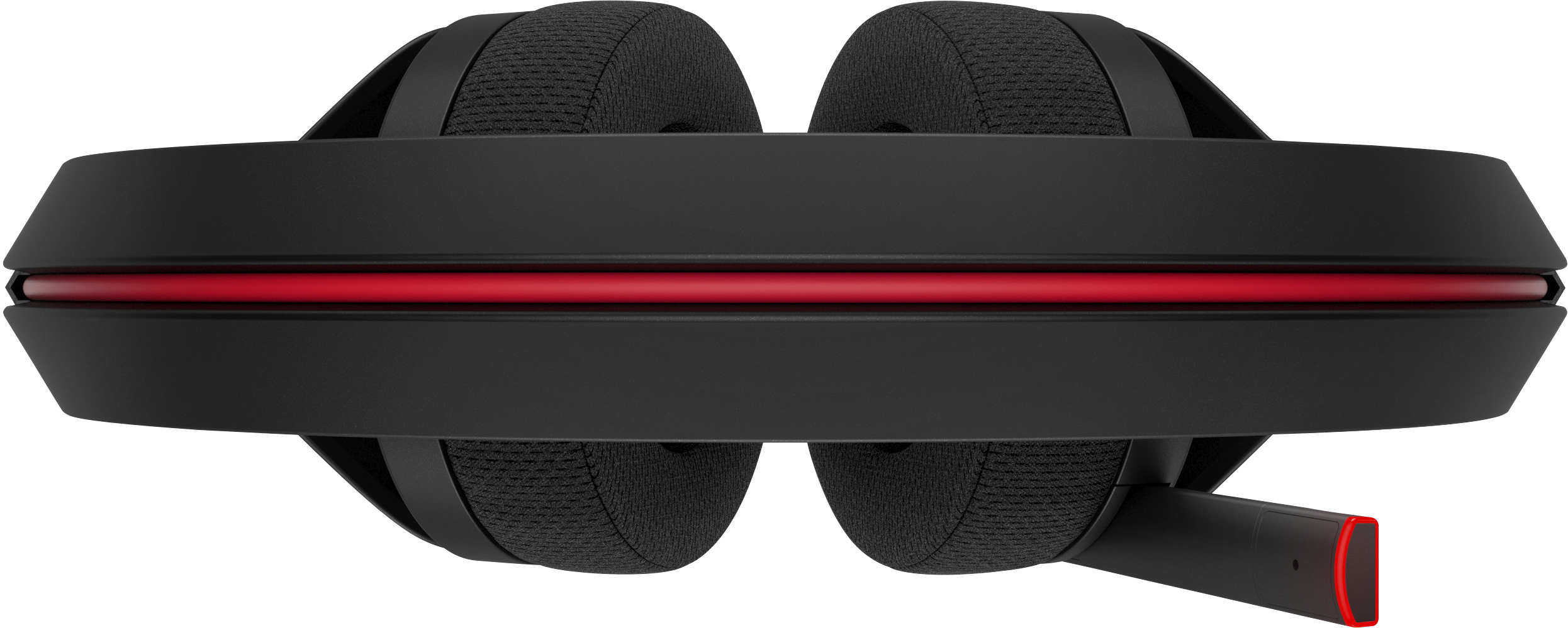 Auriculares gaming negros y rojos. El micrófono está extendido.