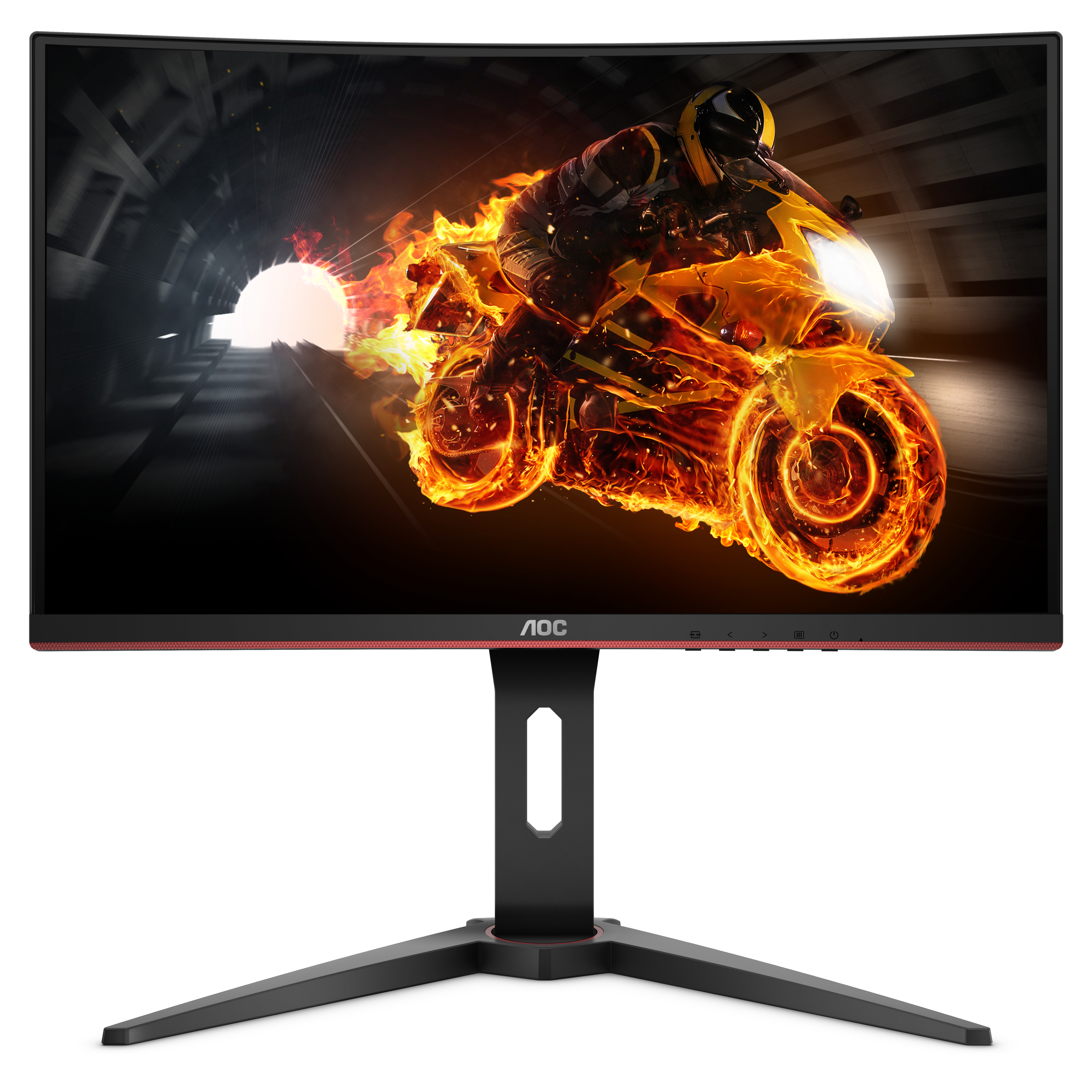 Monitor AOC con un motorista en llamas en la pantalla.