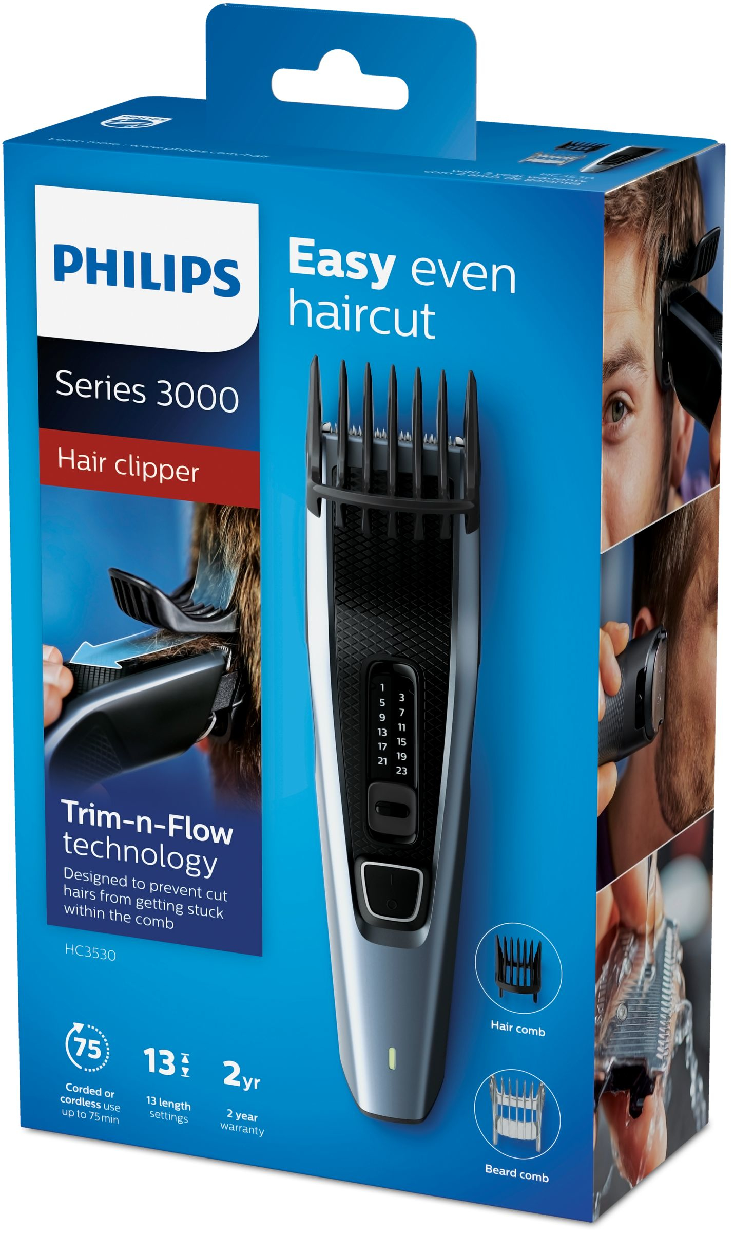 Una caja de cortapelos Philips que muestra la cortadora, el corte de pelo y las características.