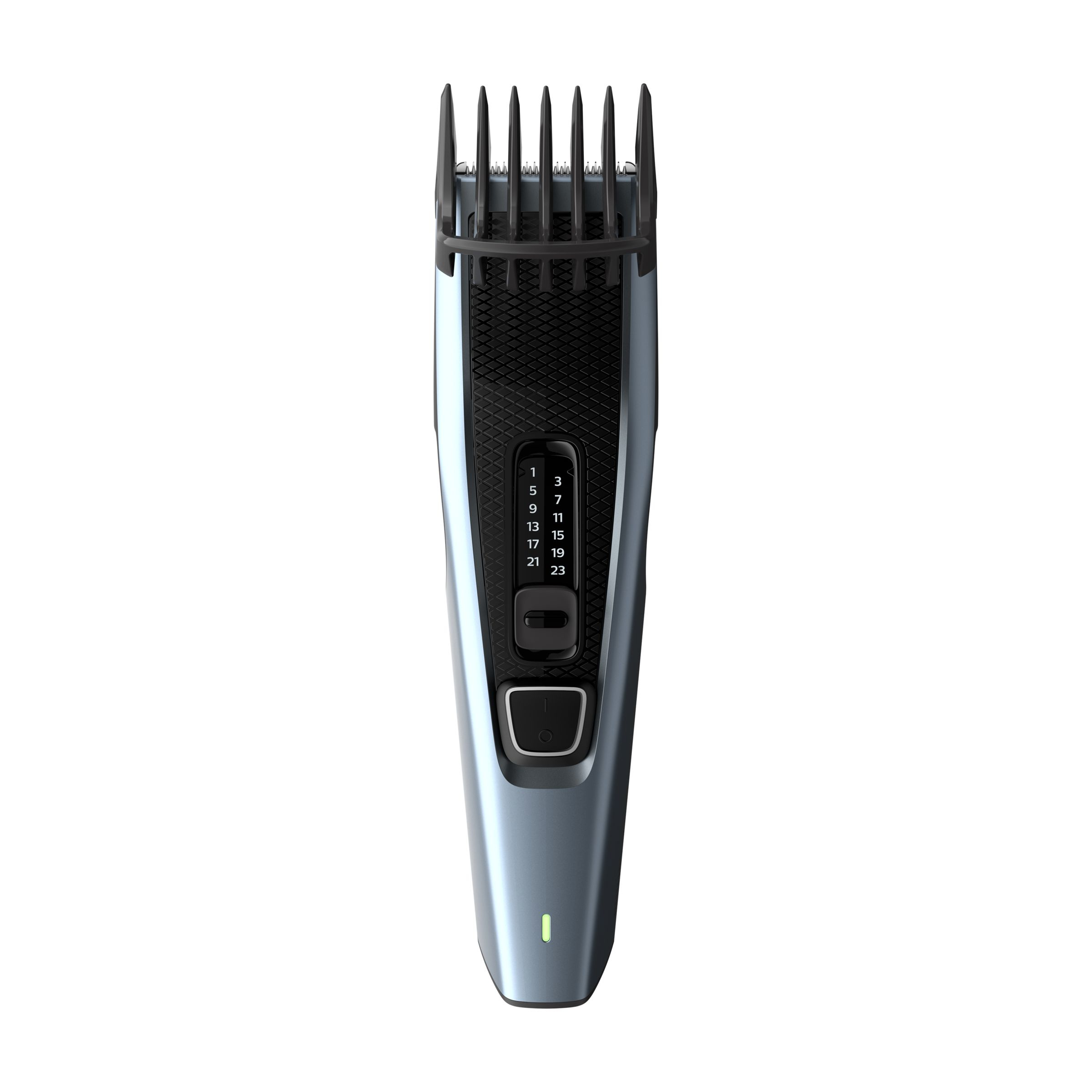 Cortadora de pelo Philips plateada y negra, que muestra ajustes de longitud de 1-23. El botón de encendido está iluminado.