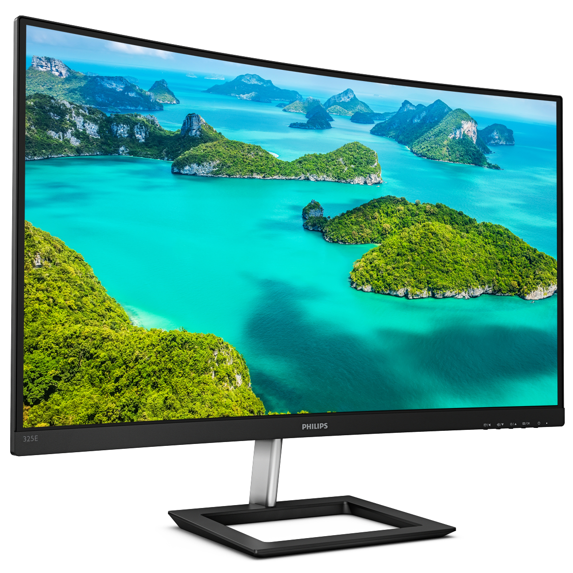 Monitor curvo, marco negro, mostrando un mar turquesa e islas verdes.