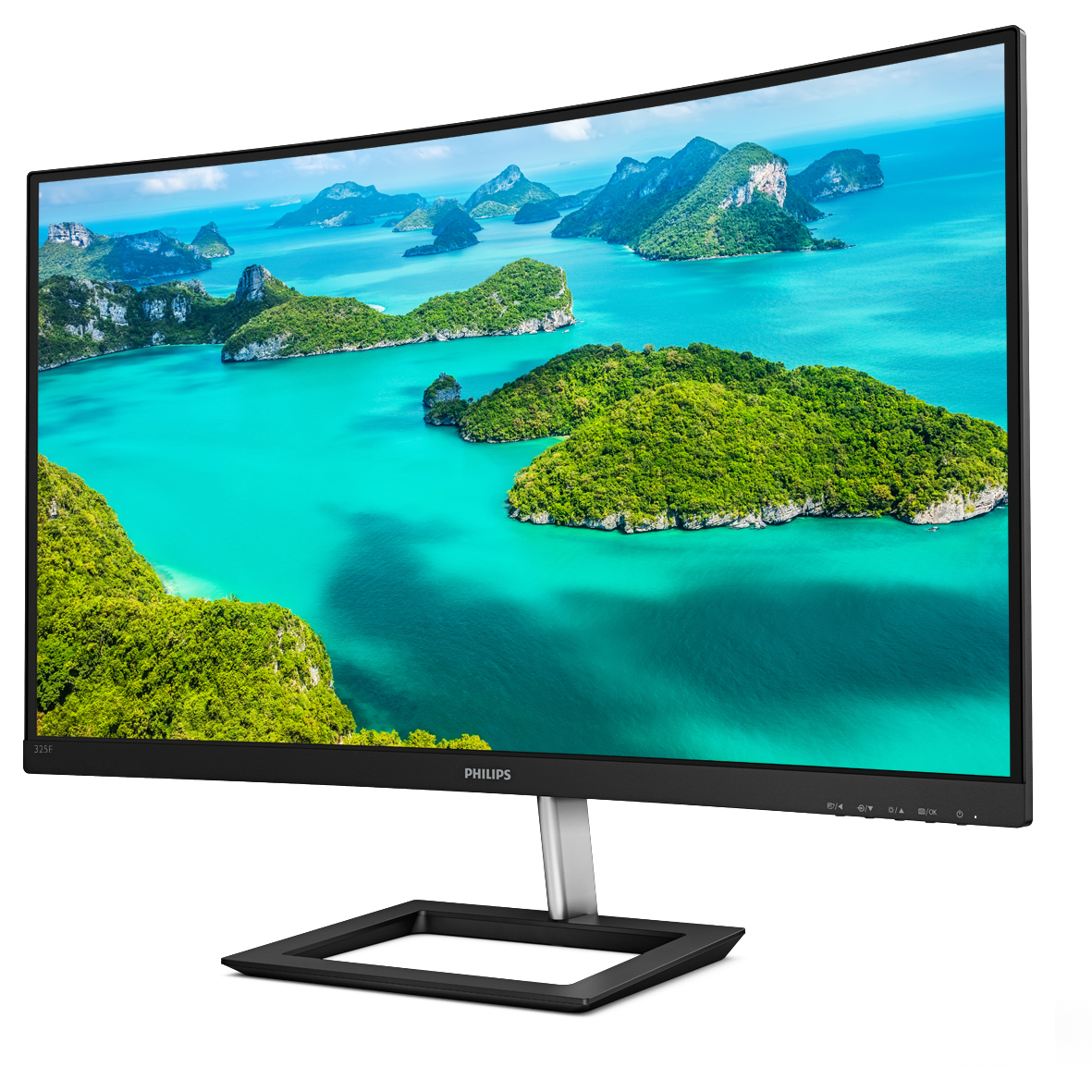 Un gran monitor de computadora curvado que muestra un paisaje tropical.