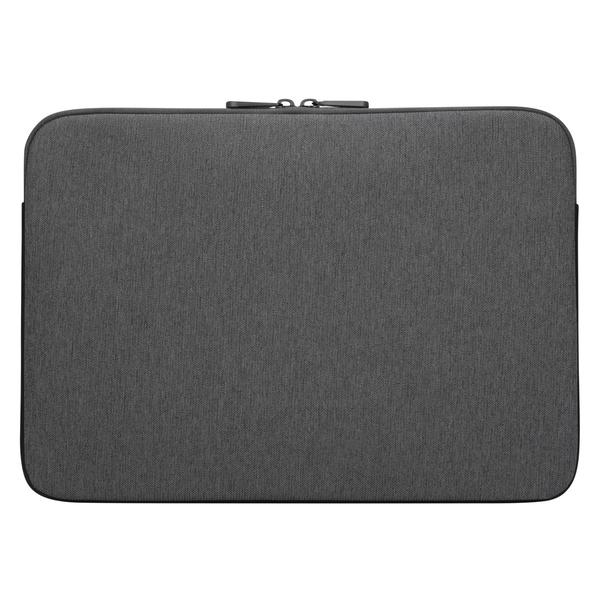 Funda gris para portátil con cierre de cremallera.