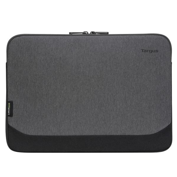 Funda gris para portátil. Marca Targus, franja inferior negra y cremallera superior.