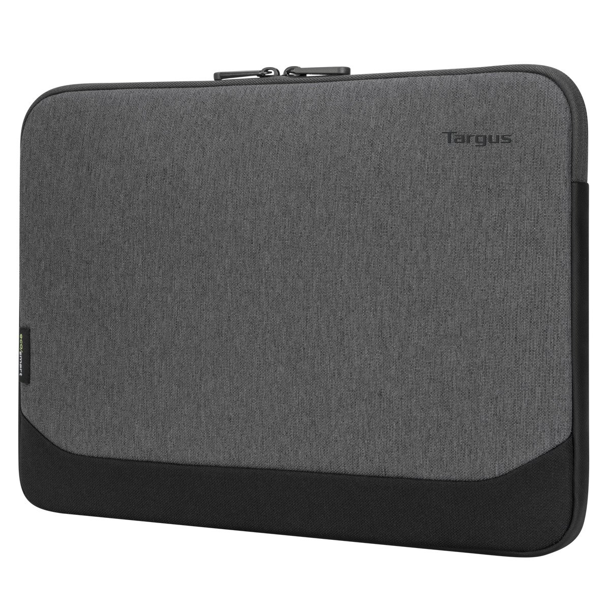 Funda para portátil Targus gris y negra con cremallera y logotipo.