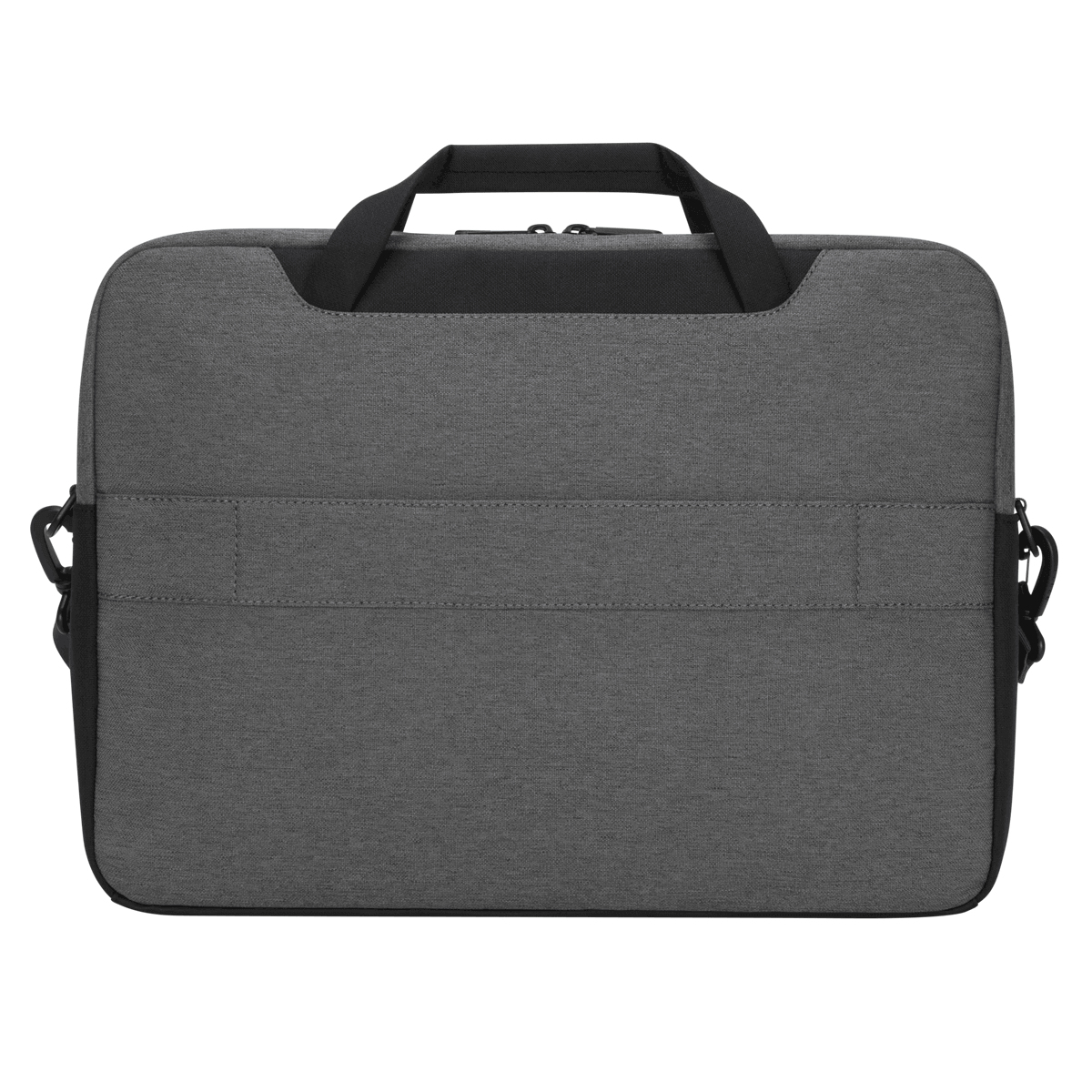 Bolso para portátil gris con asa y correa para el hombro. Acentos negros.