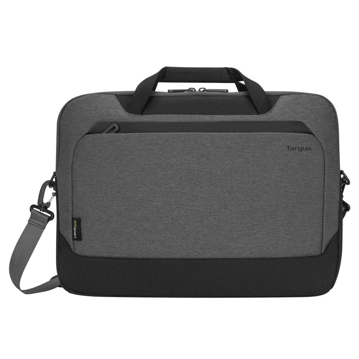 Una bolsa para portátil Targus gris con detalles en negro y una correa para el hombro.