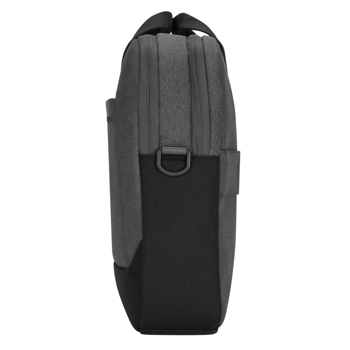 Vista lateral gris y negra de una bolsa para portátil con asa y fijación para correa de hombro.