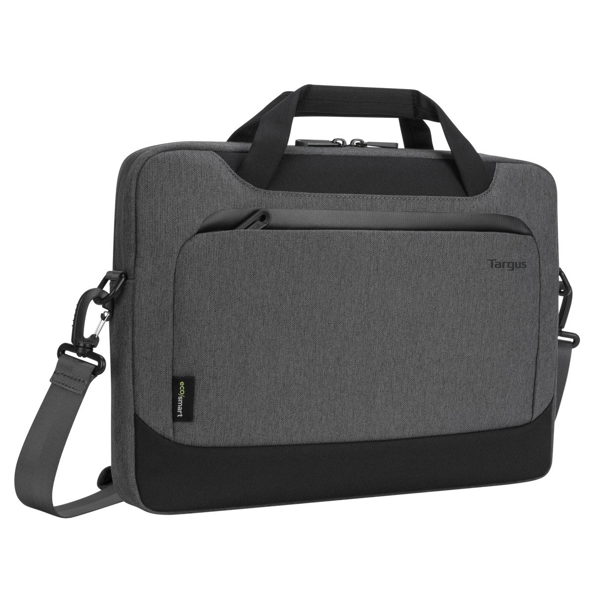 Una bolsa para portátil gris oscuro con el logotipo de Targus y un asa.