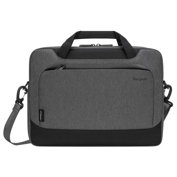 Una bolsa para portátil Targus gris con asa y correa.