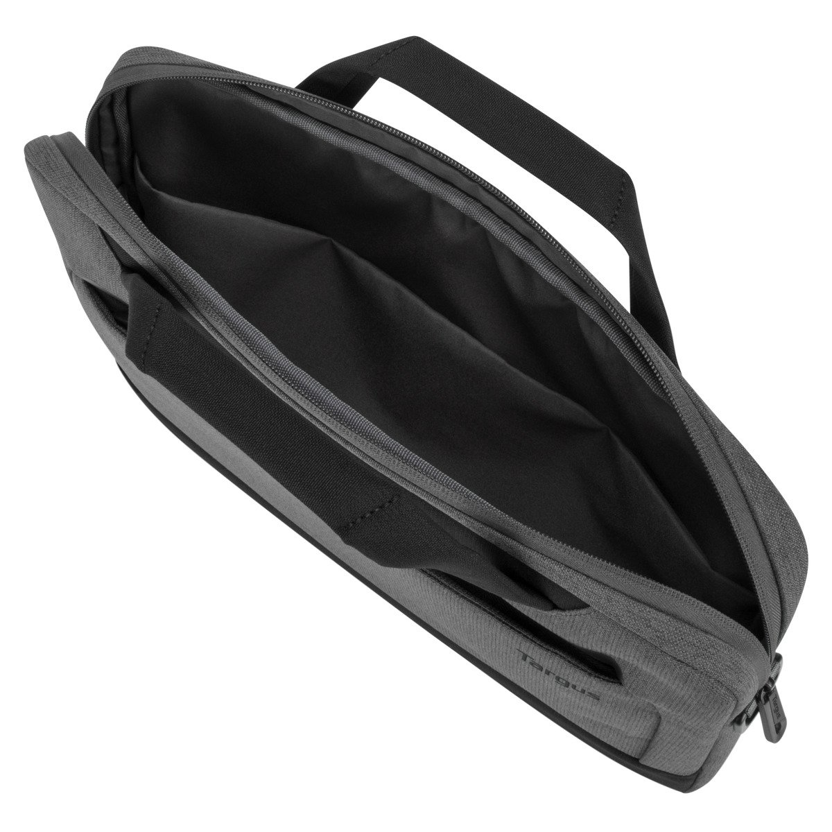 Una bolsa de portátil Targus gris abierta. Asas y cremallera negras.