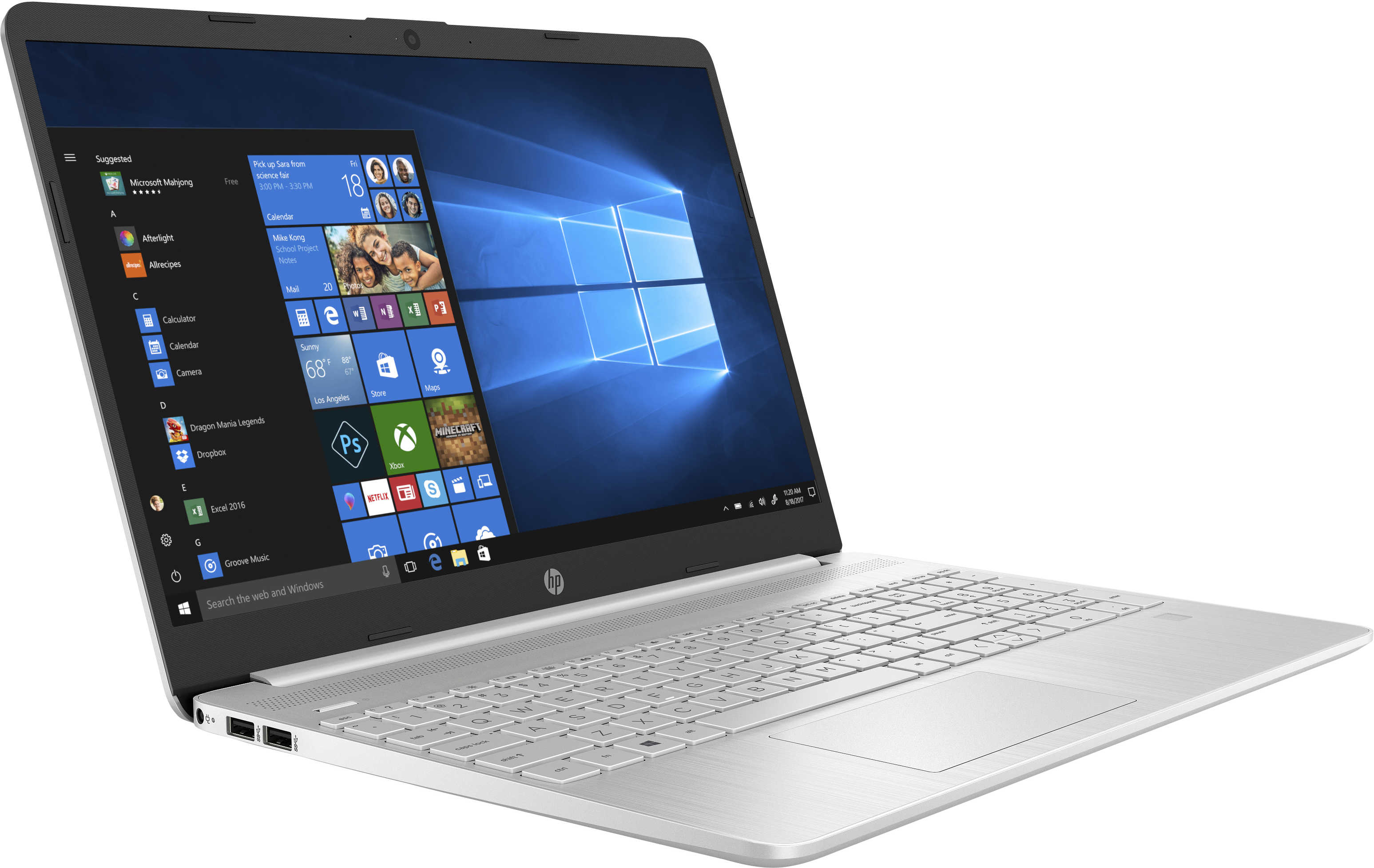Un portátil HP plateado con la pantalla abierta, mostrando la interfaz de Windows, sobre un fondo blanco.