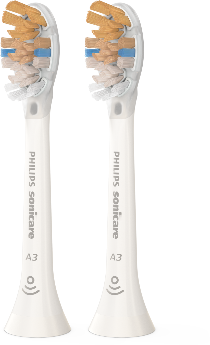Két Philips Sonicare fogkefefej. Fehér, barna és kék sörtékkel.