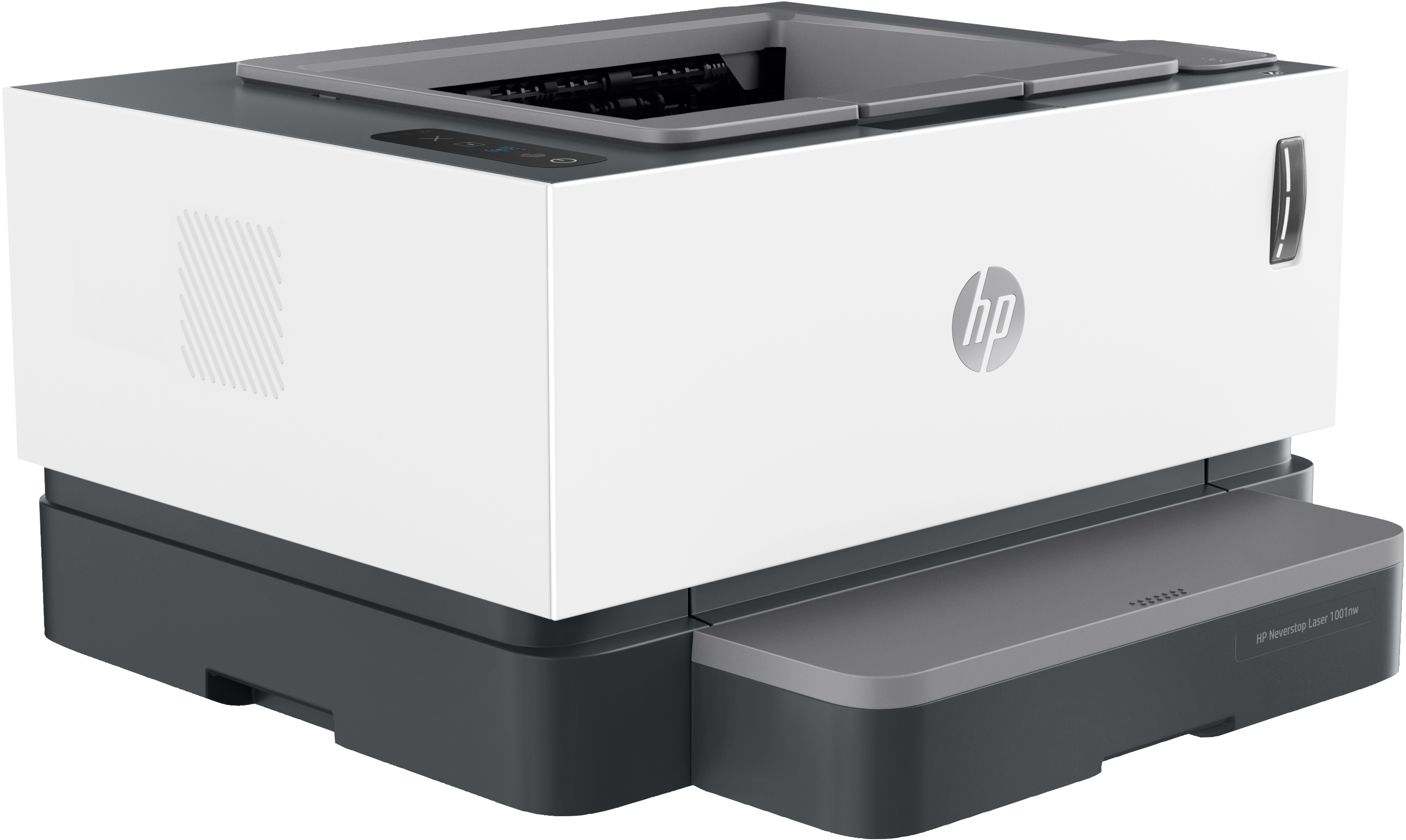 Una impresora HP blanca y gris, vista frontal, con el logotipo de HP. Una bandeja se extiende desde la parte inferior.
