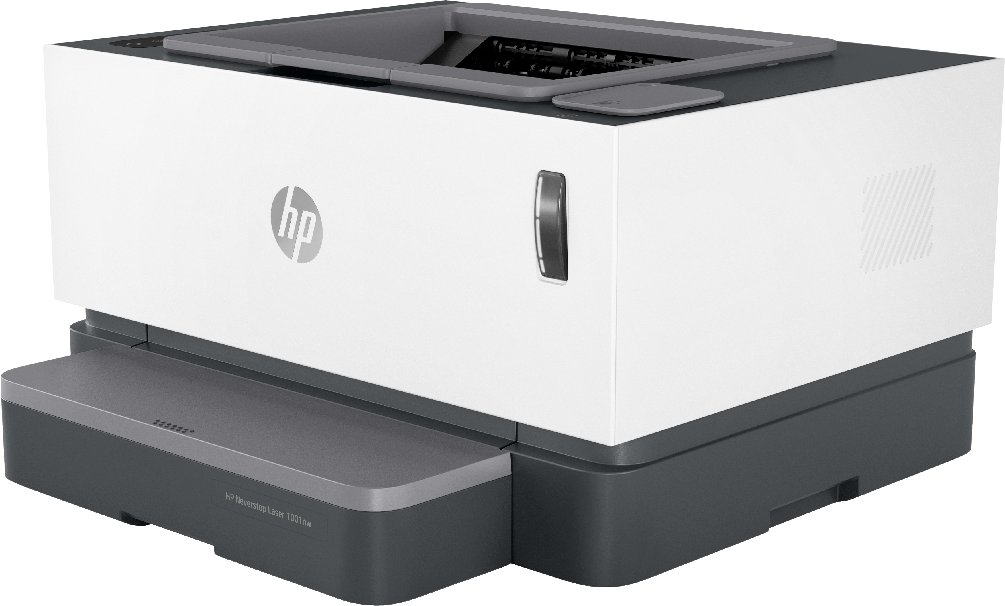Impresora HP blanca y gris con bandeja de papel extendida.