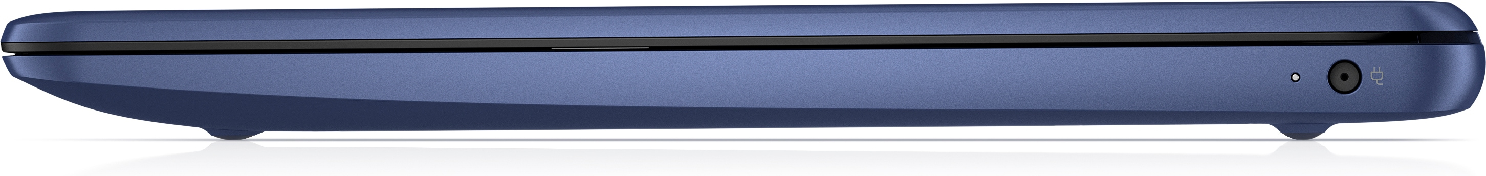 Vista lateral de un portátil azul, con un conector para auriculares.